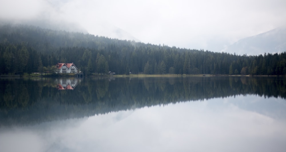 Maison au bord d’un plan d’eau et entourée d’arbres verts