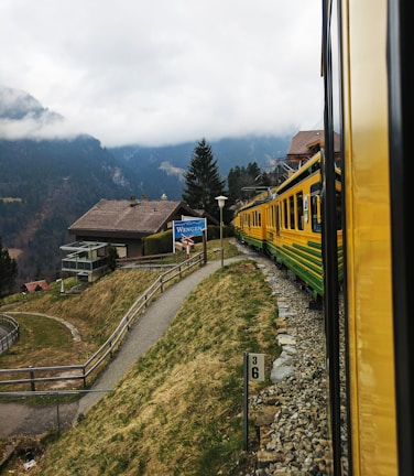 A yellow and green train travels through a scenic mountainous area with misty clouds enveloping the peaks in the background. The train passes by a small station or village named 'Wengen', as indicated by the signpost. The area is surrounded by greenery and traditional buildings with sloping roofs.