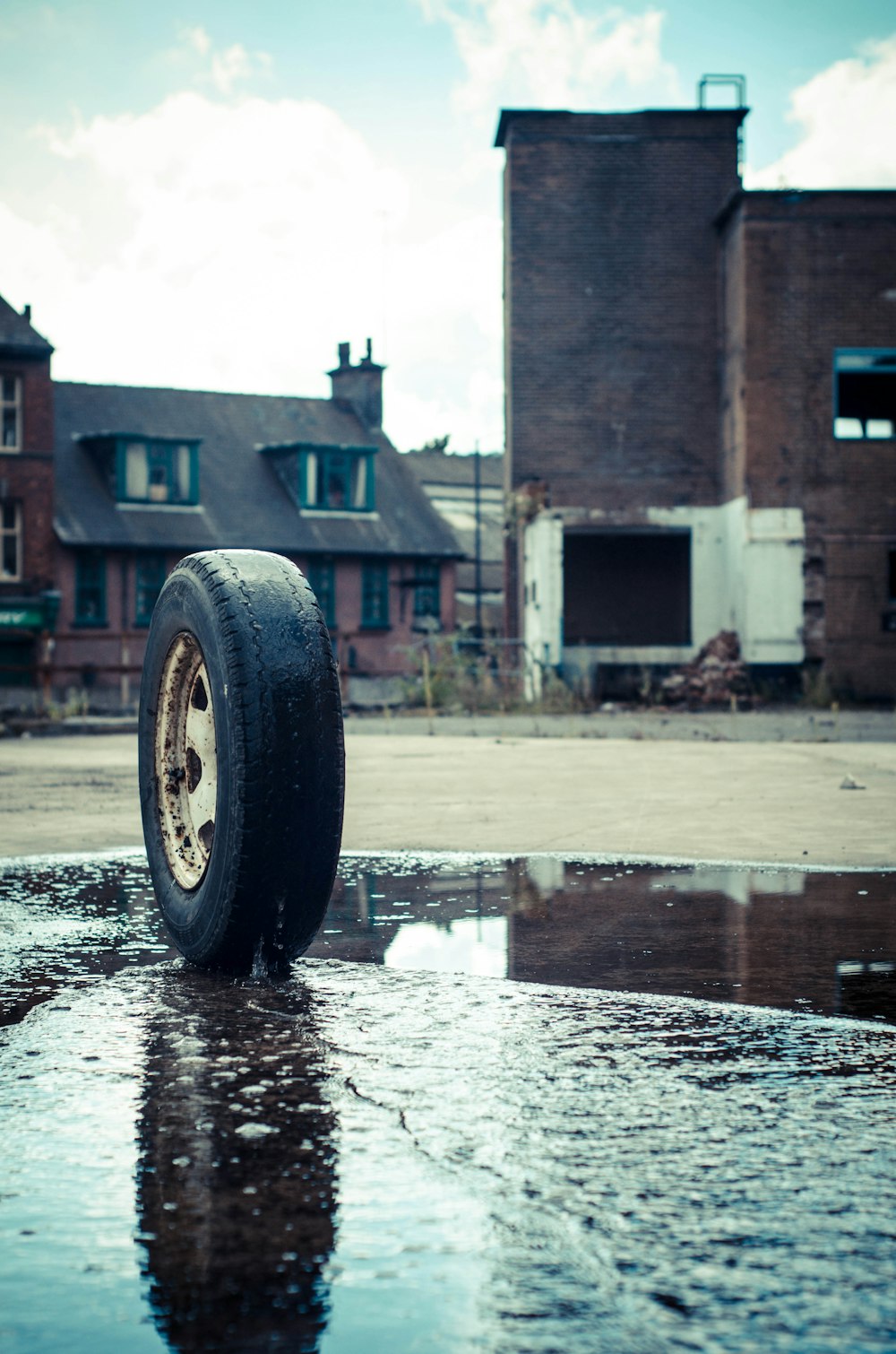 Neumático del vehículo en el pavimento con agua