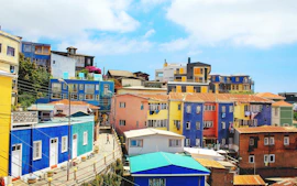 landscape photography of blue and yellow houses