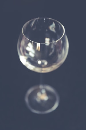 A clear, empty wine glass is centered against a dark, blurred background. The glass reflects subtle light, highlighting its smooth contours and elegant shape.