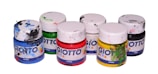 Six small paint jars arranged in two rows, each topped with a white lid. The jars contain an assortment of colors including blue, green, red, white, yellow, and black. Labels on the jars display the brand name 'GIOTTO DITA' and each jar shows signs of paint smears, suggesting frequent use.