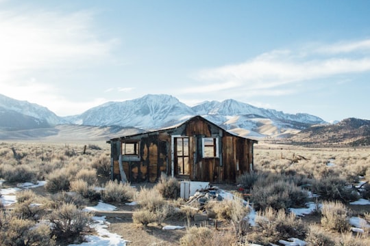 wrecked brown wooden house standing on brown grass field during daytime in Mammoth Lakes United States