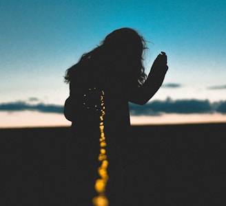 silhouette photo of person holding string lights turned on