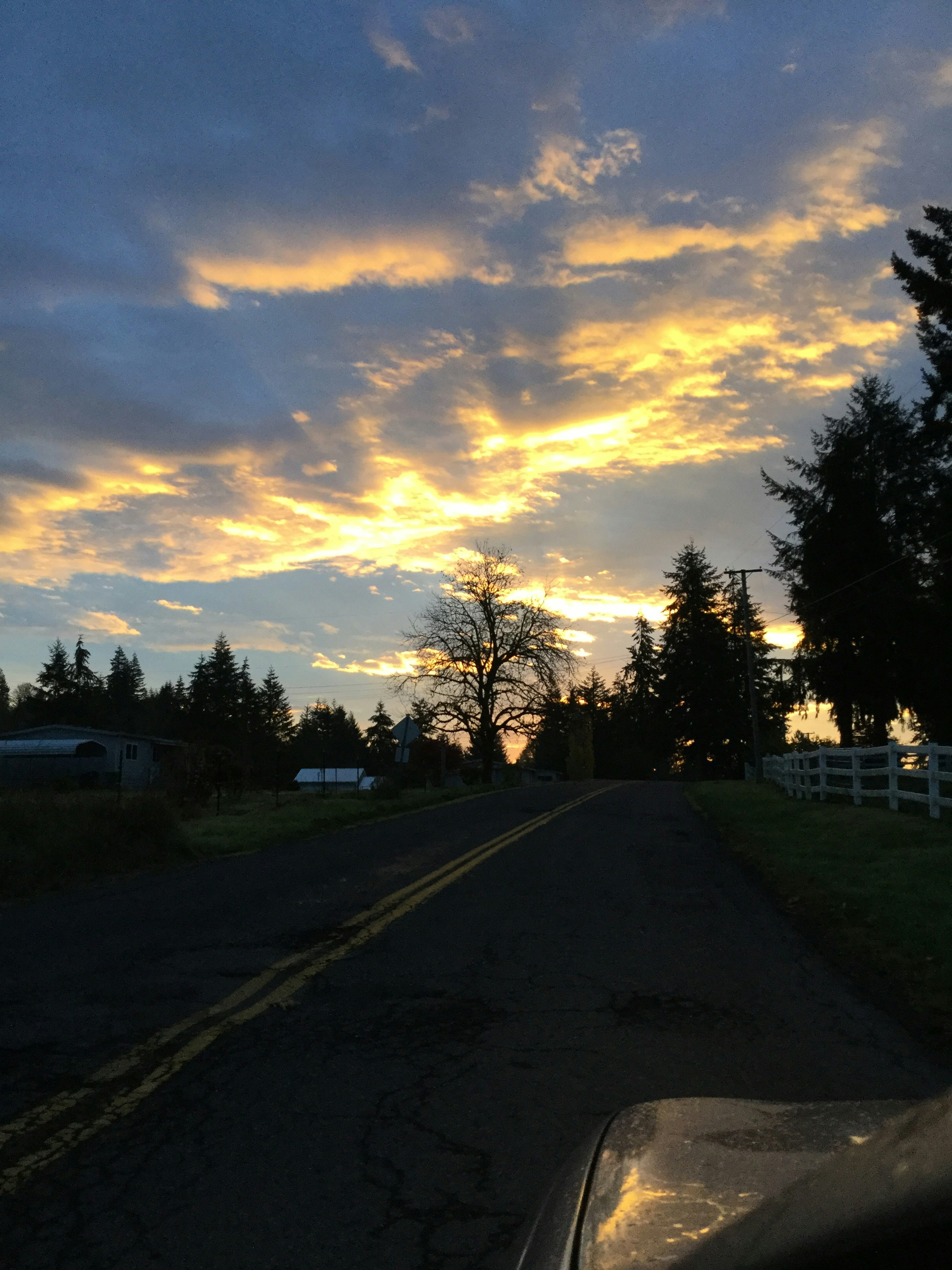 Rural road at dusk with warm golden sky, dramatic low light, silhouetted trees, cinematic landscape