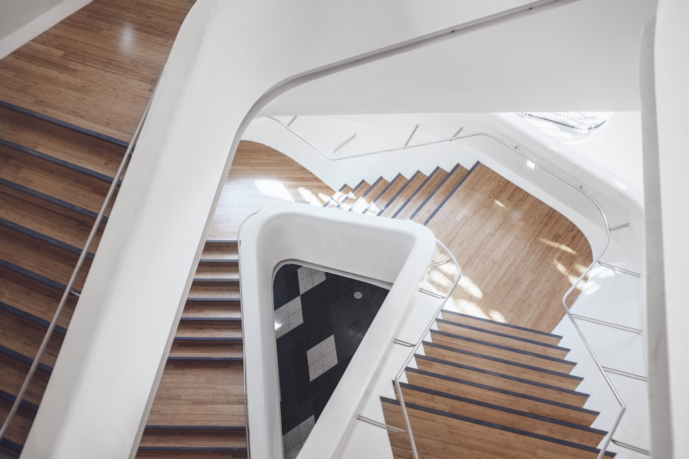 top view of brown spiral stairs