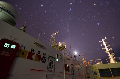 Nighttime view of a ship’s deck lit with communication equipment status lights glowing softly.