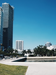 Tall modern skyscrapers rise against a clear blue sky. Palm trees line a pathway beside a water feature, and there are people walking along the promenade. The scene conveys a sense of urban development amidst natural elements.