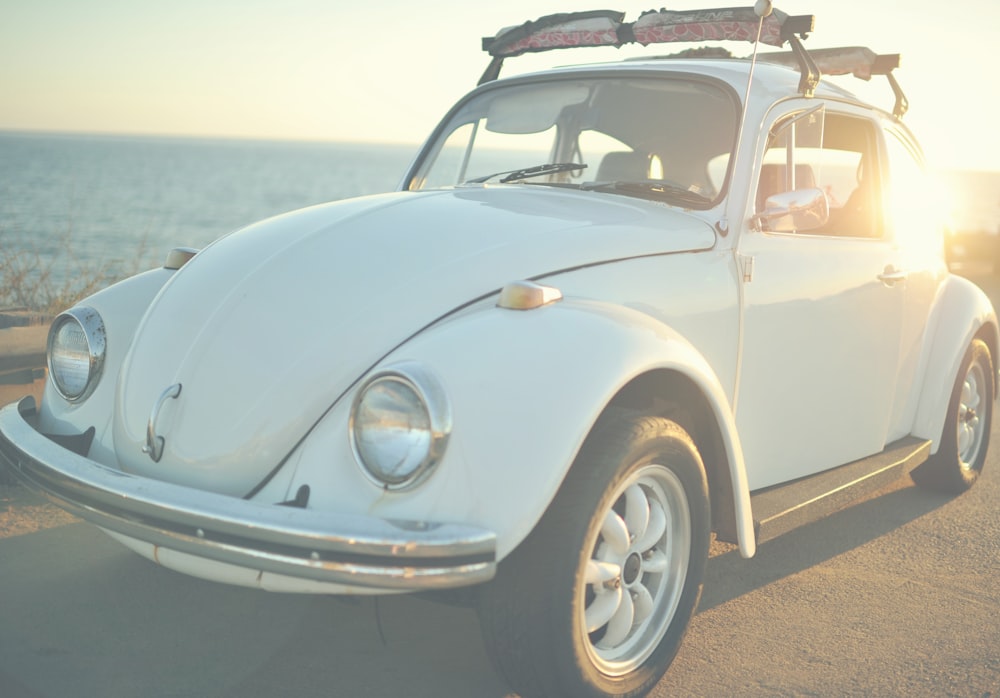 white Volkswagen Beetle on road at daytime