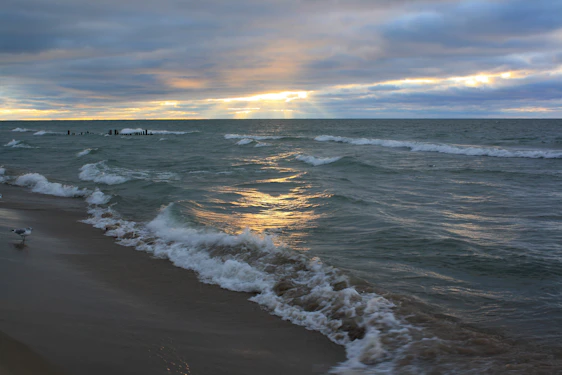 a serene beach photo of hope wearing a navy top and gold cross, smiling gently with the ocean in the background