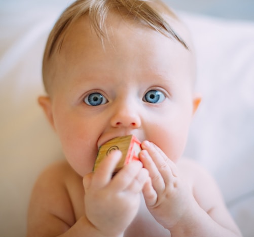 selective focus photography of baby holding wooden cube