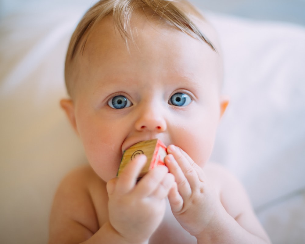 Selektive Fokusfotografie eines Babys, das einen Holzwürfel hält
