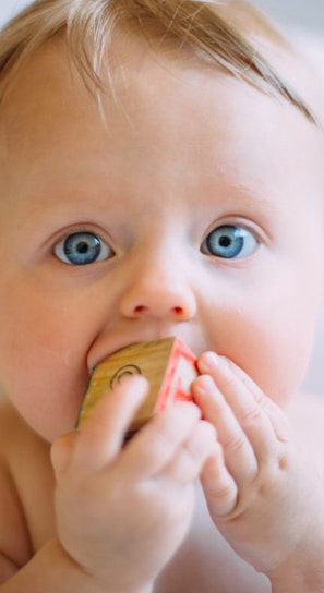 selective focus photography of baby holding wooden cube