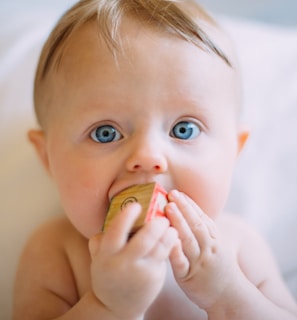 selective focus photography of baby holding wooden cube