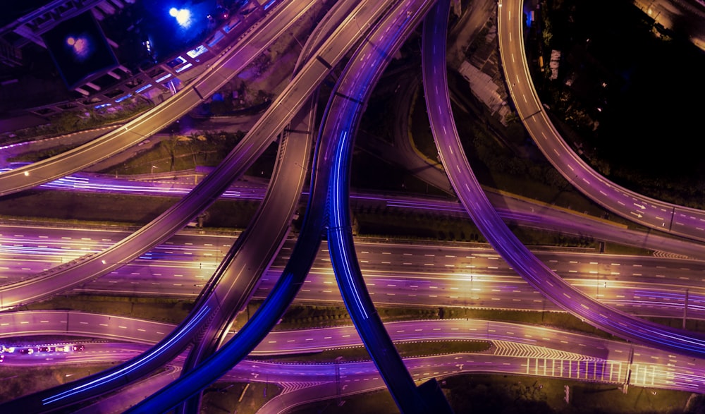 aerial photography of roads during nighttime