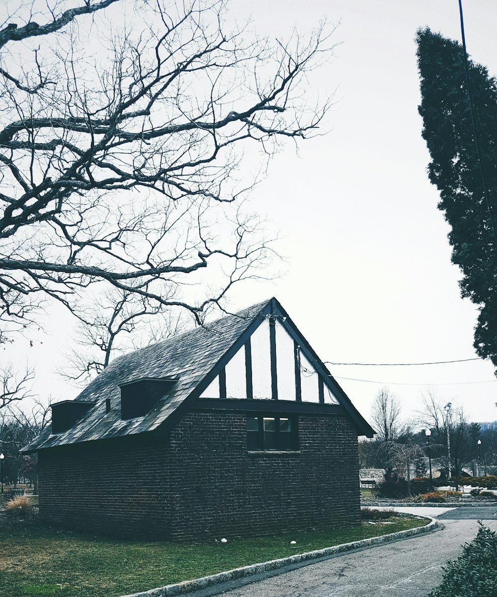 brown wooden house near bare trees during daytime