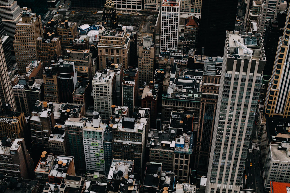 Aerial view of commercial real estate buildings