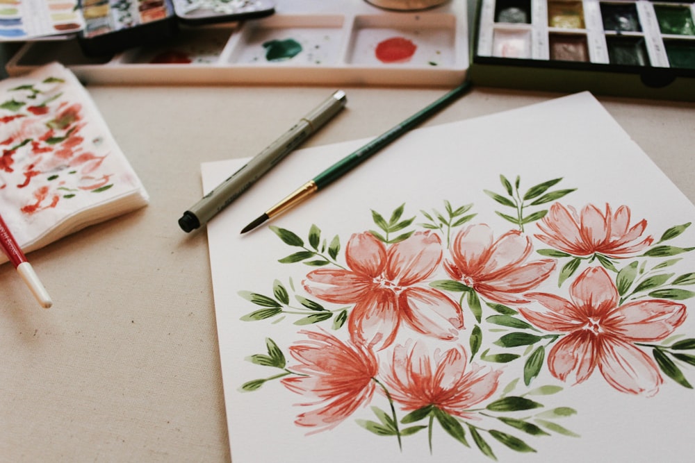 red petaled flower painting