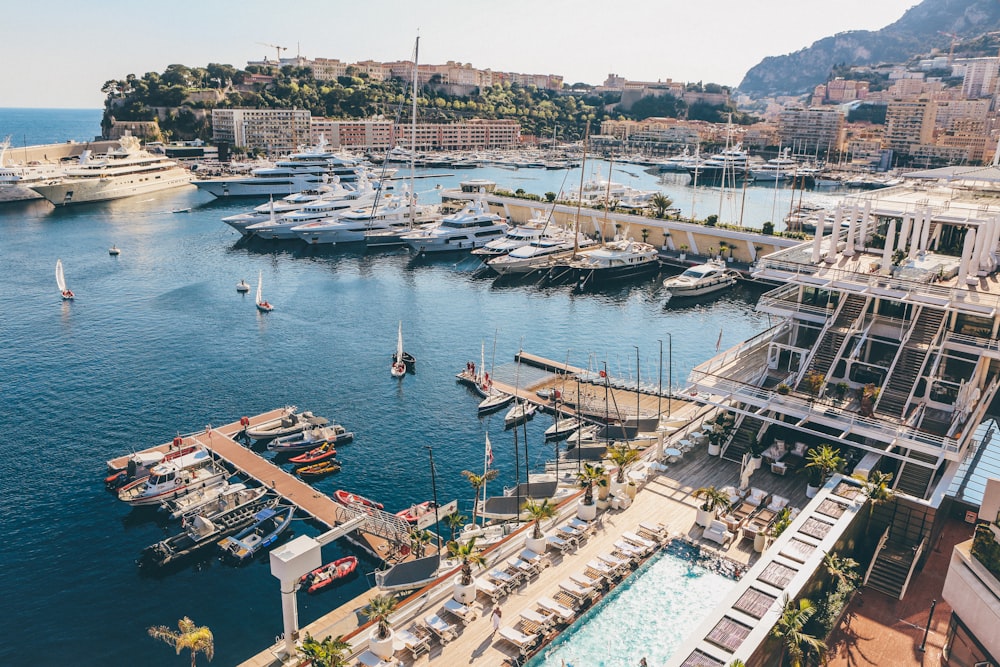 A high shot of a marina in a Mediterranean city