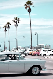 A classic car is parked on a street with a backdrop of tall palm trees and a line of modern cars. The sky is bright and clear, suggesting a sunny day.