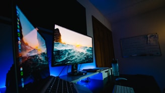 A serene workspace bathed in soft ocean blue light with a keyboard inviting gentle, mindful typing.