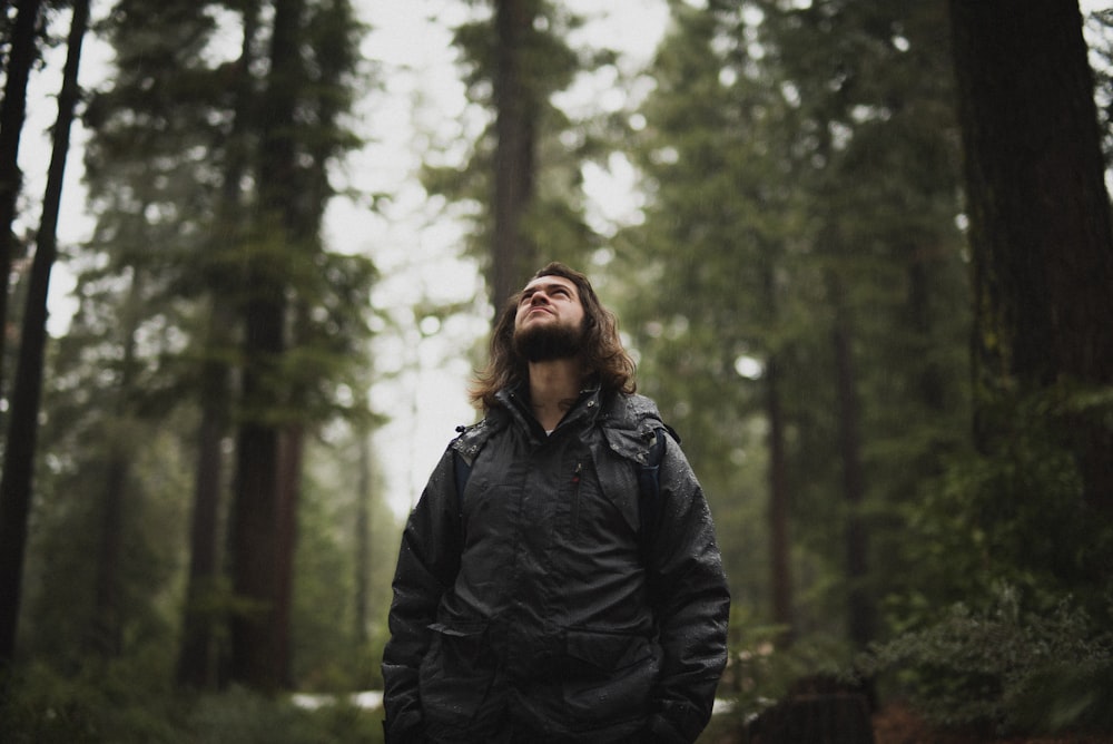 homme portant une veste noire regardant vers le haut entouré de grands arbres