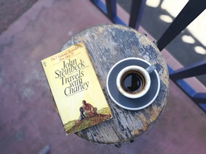 A weathered round wooden table holds an old paperback book, 'Travels with Charley' by John Steinbeck, alongside a small cup of espresso on a saucer. The table appears rustic with visible signs of age, adding to the cozy ambiance. The background shows part of a railing and a sunlit area, creating a peaceful setting.