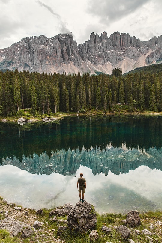 person standing on cliff in front of forest in Karersee Italy