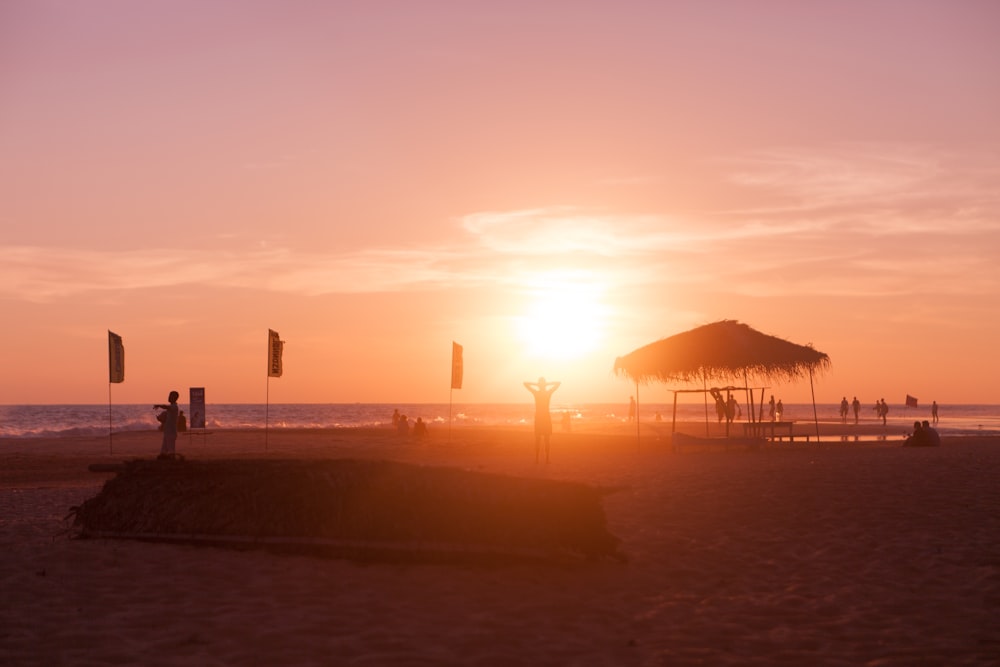 silhouette beach hut near seashore during sunset