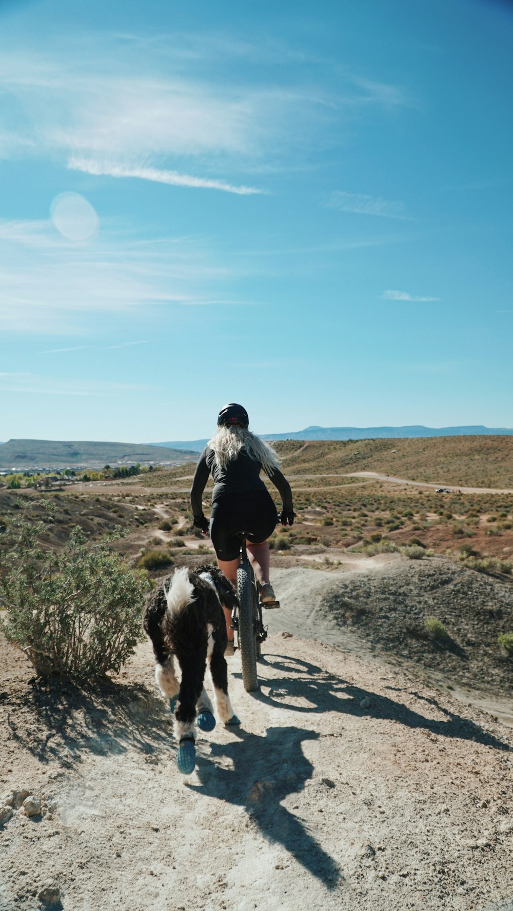 woman riding fat bike running on road with black and white foal during daytime