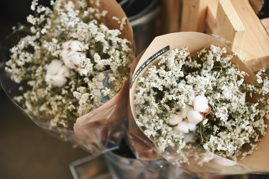 two baby's breath flowers and cotton bolls bouquets