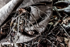 A detailed close-up of a burlap sack partially covered with dry leaves and twigs, suggesting a rustic or natural setting. The texture of the burlap is prominently featured, with the intertwined fibers visible. Surrounding the sack are scattered dry brown leaves that evoke the feeling of autumn.