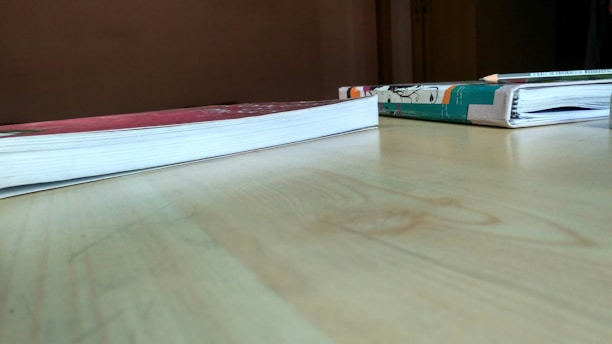 Two books lie flat on a wooden table, one with a red cover and the other with a colorful illustrated cover. A pencil is placed on top of the book with the illustrated cover. The table surface is light brown, and the background has a plain wall.