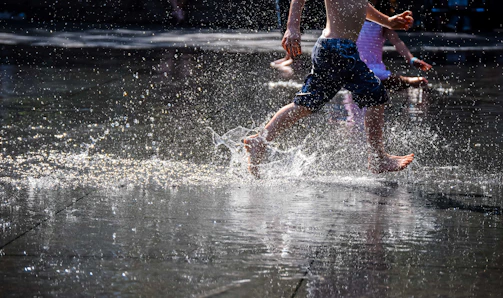Excited kids running through a sprinkler on a warm summer day.