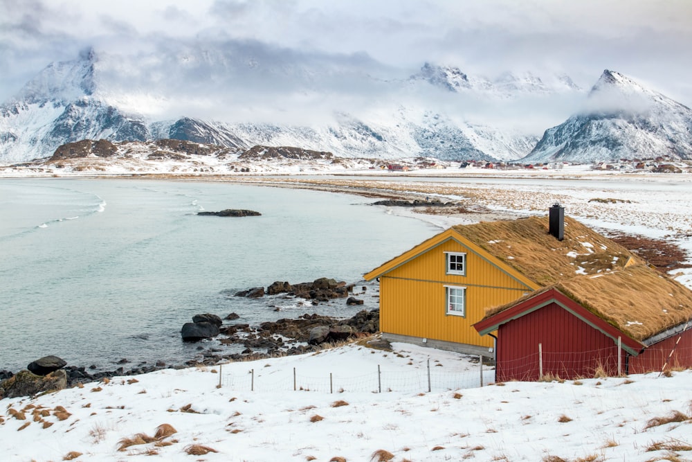 two houses near body of water across hill at daytime