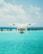 A drone is hovering in the foreground against a backdrop of a clear blue sky and a bright turquoise ocean. The design of the drone is sleek and modern, featuring a camera on its underside. The water and sky create a serene and expansive atmosphere.