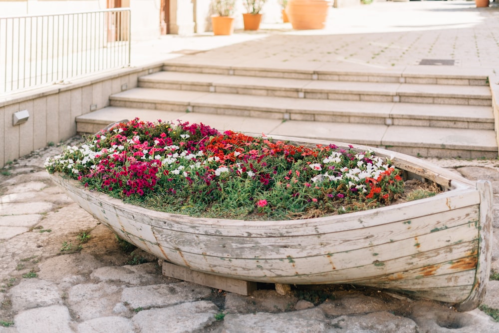 flowers on brown boat pot by stairs