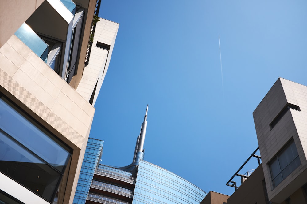 a view of some buildings from the ground