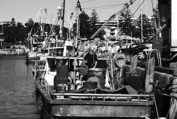 A black and white photograph of a harbor with several fishing boats docked along a pier. The scene includes various equipment and elements like ropes, pulleys, and crates on the boats. People are visible on the boats, seemingly engaged in activities related to fishing or maintenance. The background features trees and buildings, adding an urban element to the marine setting.