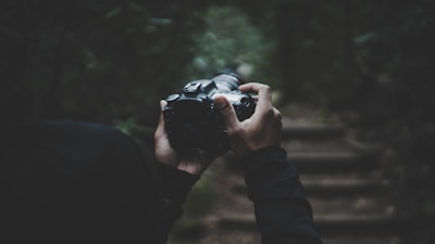 Hands holding a camera in a dimly lit forest setting with blurred steps in the background. The scene is captured in a dark, moody atmosphere.