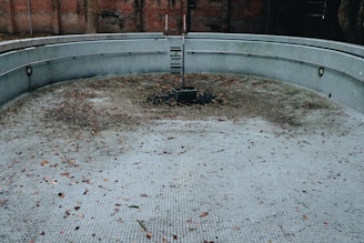 A round, empty swimming pool with a tiled surface, partially covered with dry leaves and dirt. There's a central metal pole and a small ladder on the side. The surrounding walls are made of aged, red brick.