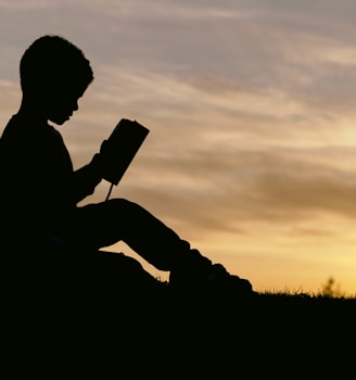 silhouette of child sitting behind tree during sunset