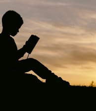 silhouette of child sitting behind tree during sunset