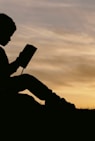 silhouette of child sitting behind tree during sunset