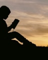 silhouette of child sitting behind tree during sunset