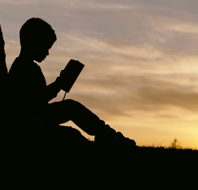 silhouette of child sitting behind tree during sunset