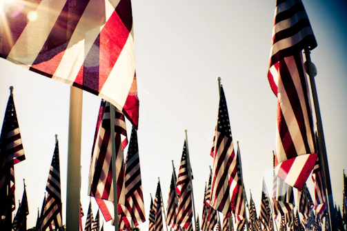 A friendly group of volunteers waving American flags at a community event.