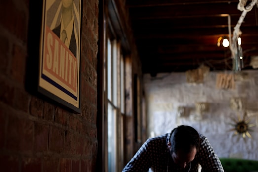 A framed picture with the word 'SANITY' hangs on a brick wall. A person with their head bowed is seen in the background wearing a checkered shirt. The room has rustic decor, with exposed wooden beams and soft lighting creating a dim atmosphere.