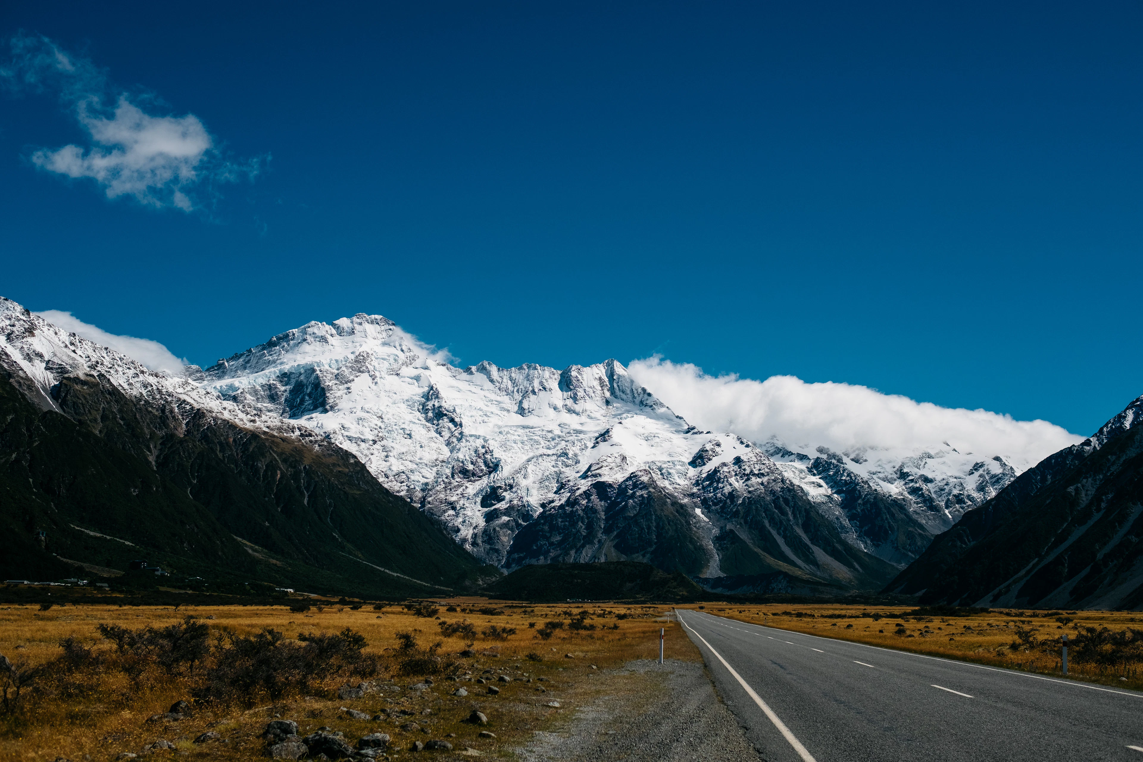 The road through golden tussock towards the snowy peaks around Aoraki/Mount Cook