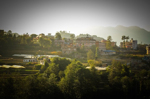 A scenic view of a rural village nestled in a valley, surrounded by green terraced fields. The village consists of multi-story buildings and is bordered by lush trees and distant mountains under a clear sky.